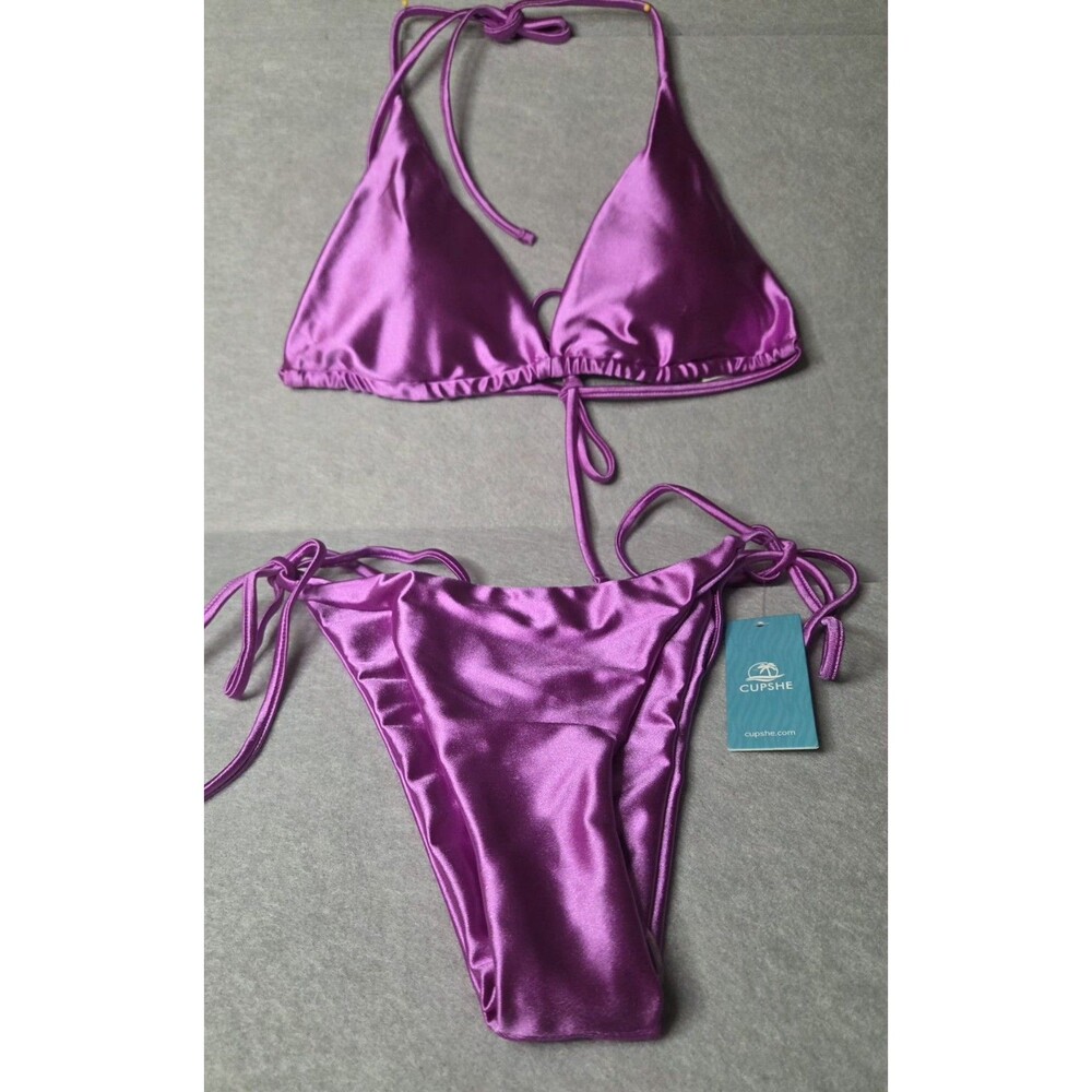 CUPSHE Satin Purple Triangle String 2pc Bikini Set Womens Sz L Tie Side Halter